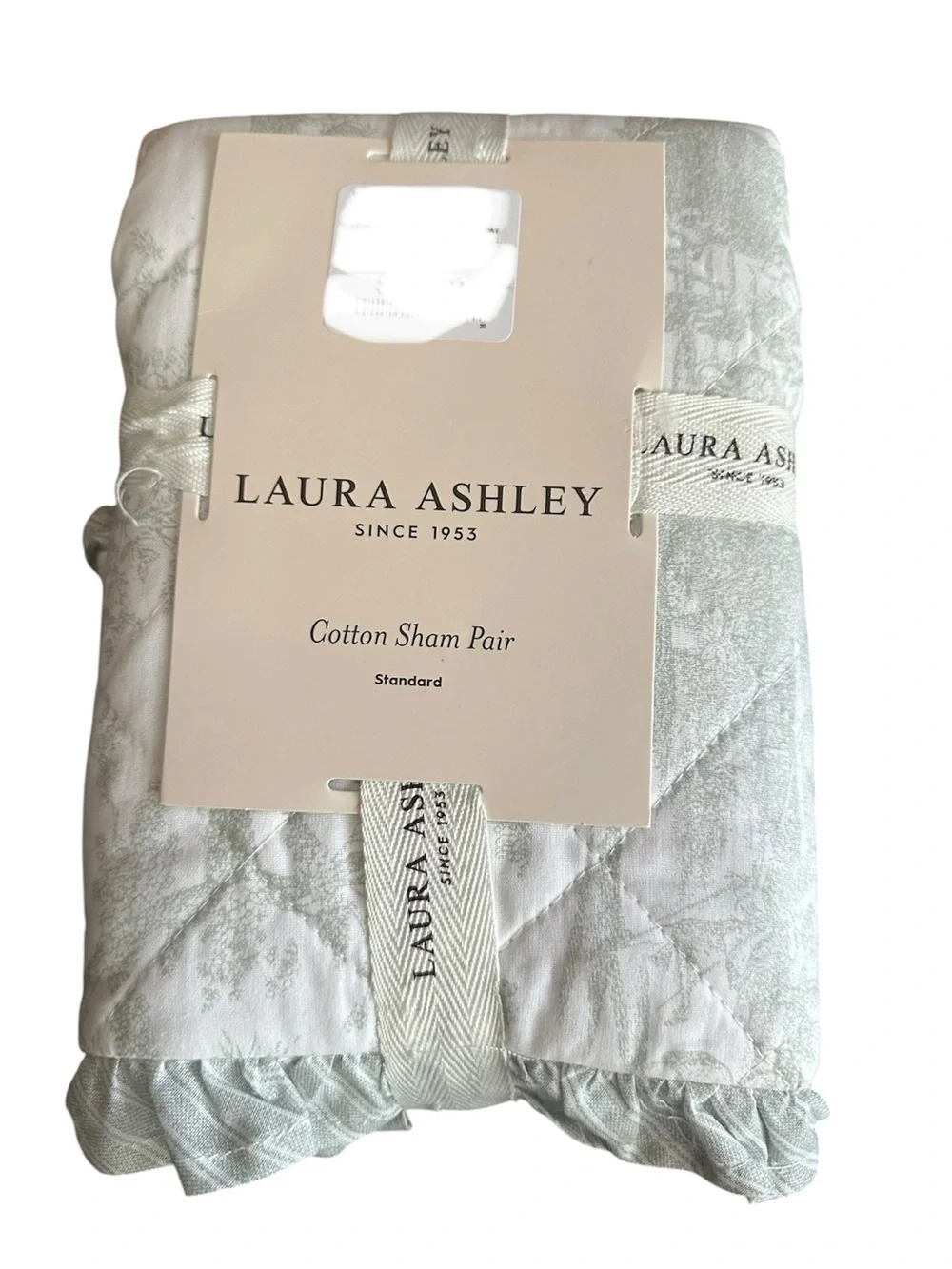 2PC Laura Ashley Quilted Cotton Pillow Shams GREEN/White Toile Stripe  21x27